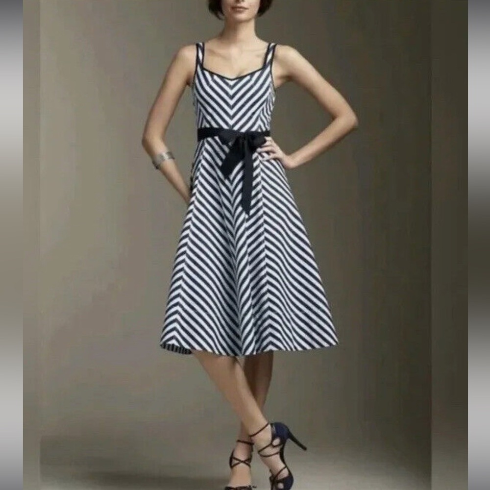 Talbots SHORELINE Navy/ White Denim Canvas Chevron Striped Midi Dress Sz 6P